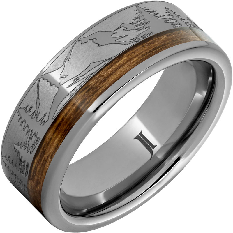 Rugged Tungsten™ Ring with Bourbon Barrel Inlay And Mountain Pine Forest Engraving