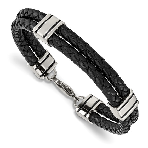 Stainless Steel Polished Braided 2 Strand Black Braided Leather 9 inch Bracelet