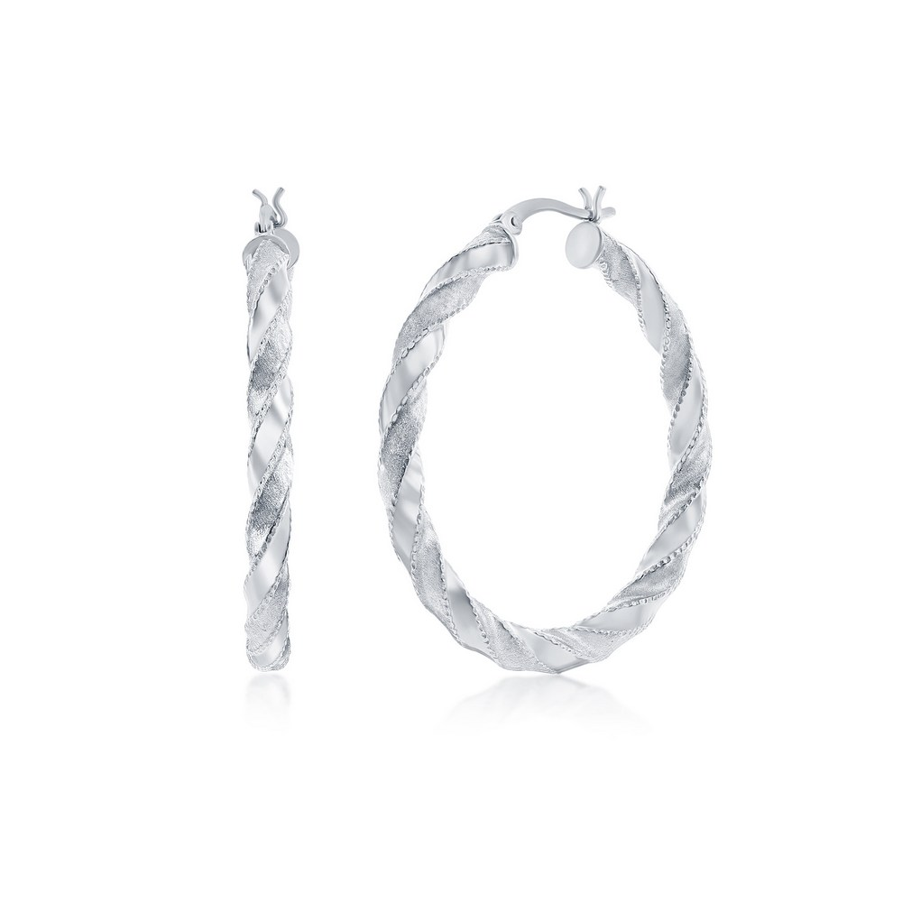 Sterling silver polished and satin 30mm twisted hoops