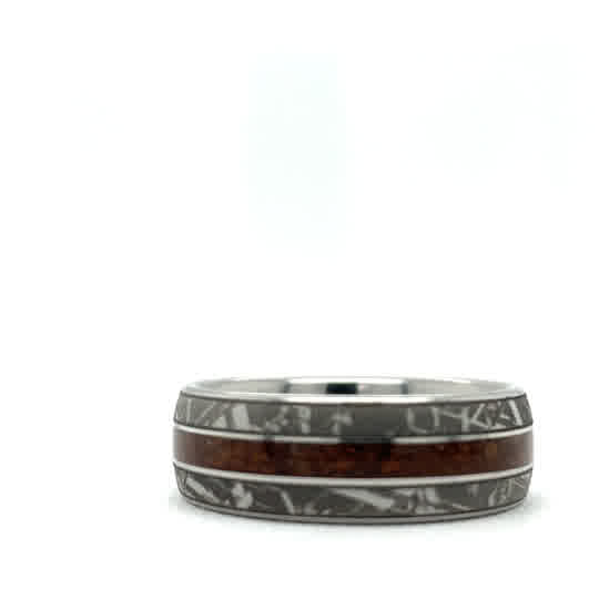 serinium dome mens band with red dinosaur bone inlay