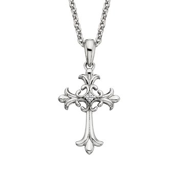 Sterling Silver White Topaz Fleur Cross Pendant on 18 inch cable link chain
