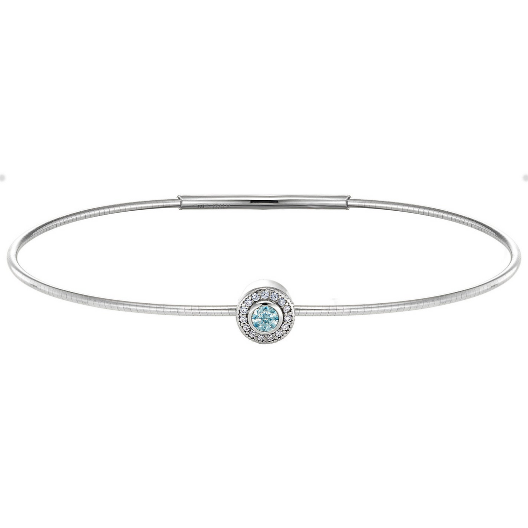 Sterling Silver Round Simulated Aquamarine Flexible Birth Gem Bracelet with Simulated Diamonds