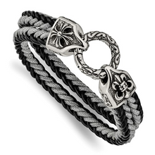 Load image into Gallery viewer, Stainless Steel Antiqued and Polished Leather/Cotton Braided 8in Bracelet
