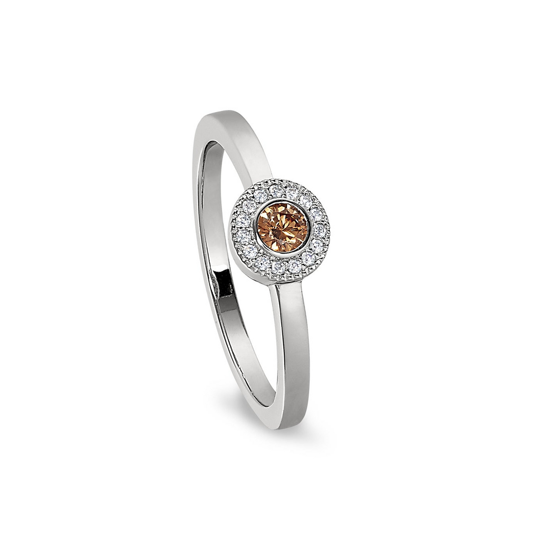 Sterling Silver Micropave Round Simulated Citrine Ring with Simulated Diamonds