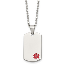 Load image into Gallery viewer, Stainless Steel Polished with Red Enamel Medical ID Dog Tag on a 24 inch Ball Chain Necklace
