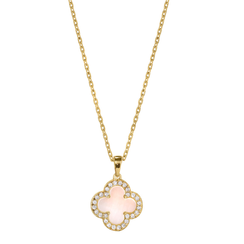 Gold vermeil sterling silver clover pendant with pink MOP and simulated diamonds on a 16''-18'' adjustable chain.