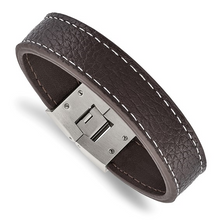 Load image into Gallery viewer, Stainless Steel Polished Brown Leather 8in Bracelet
