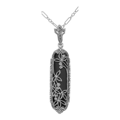 Long black onyx floral filigree pendant neckalce in sterling silver