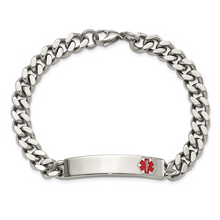 Load image into Gallery viewer, Stainless Steel Polished with Red Enamel Medical ID 8.75 inch Curb Chain Bracelet
