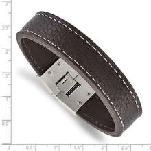 Load image into Gallery viewer, Stainless Steel Polished Brown Leather 8in Bracelet
